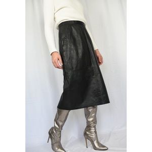 90s Vintage Black leather skirt with back slit